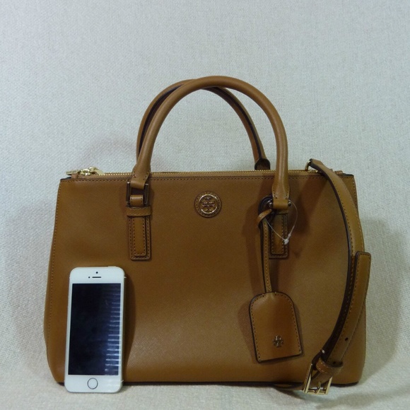 NEW Tory Burch Robinson Mini Double-Zip Tigers Eye Tan Leather Tote Bag/Satchel - Picture 3 of 14